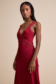 Alayah Red Satin Lace Tie-Back Midi Dress 1