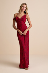 Minnie Red Satin Jacquard Asymmetrical Maxi Dress 1