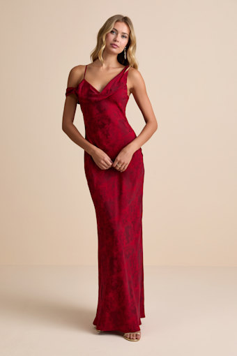 Minnie Red Satin Jacquard Asymmetrical Maxi Dress 1