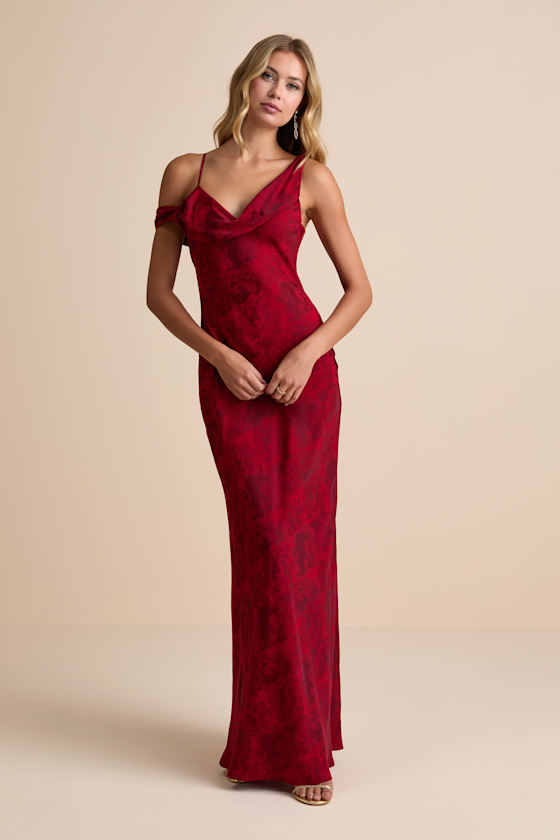 Minnie Red Satin Jacquard Asymmetrical Maxi Dress 1