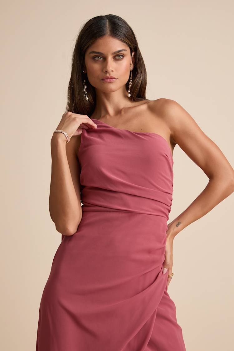 Adeline Rusty Rose One-Shoulder Scarf Maxi Dress
