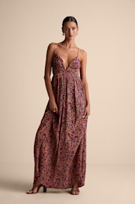 Kit Plum Multi Floral Pleated Lace-Up Maxi Dress 1