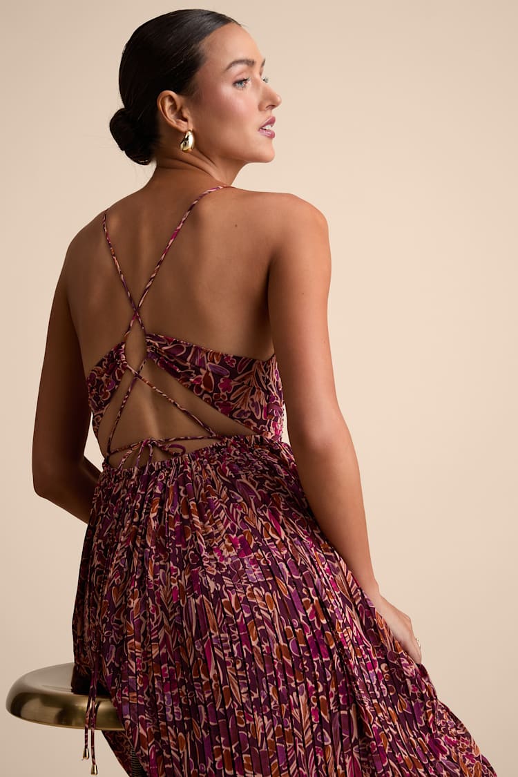 Kit Plum Multi Floral Pleated Lace-Up Maxi Dress