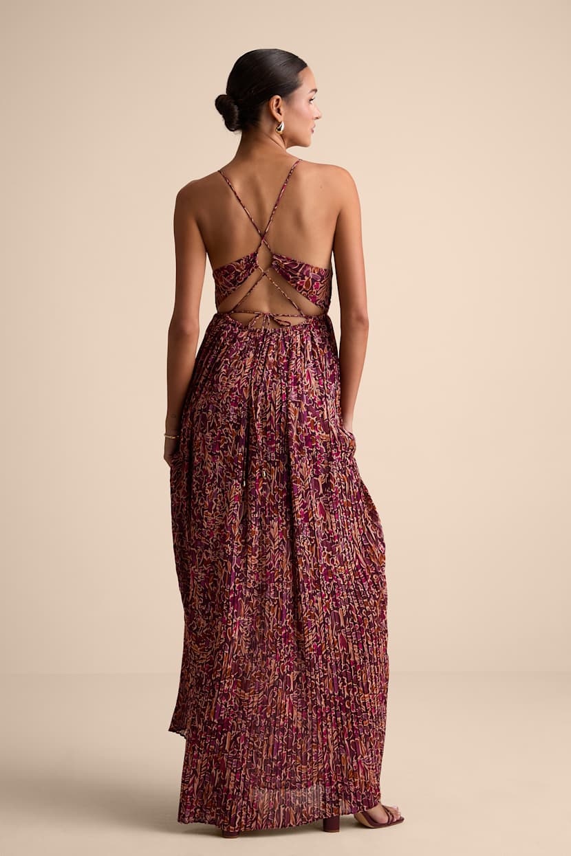 Lulus | Purple Kit Plum Multi Floral Pleated Lace-Up Maxi Dress | Womens | Medium (Available in XS, S, L, XL) | 100% Polyester Lulus | Purple Kit Plum Multi Floral Pleated Lace-Up Maxi Dress | Womens | Medium (Available in XS, S, L, XL) | 100% Polyester