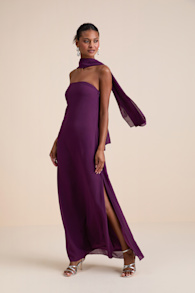 Rawya Plum Purple Strapless Maxi Dress and Scarf Set 1