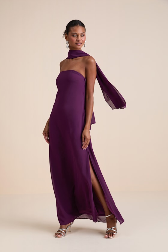 Rawya Plum Purple Strapless Maxi Dress and Scarf Set 1