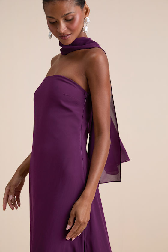 Rawya Plum Purple Strapless Maxi Dress and Scarf Set - thumbnail 2