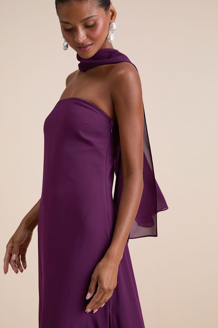 Rawya Plum Purple Strapless Maxi Dress and Scarf Set