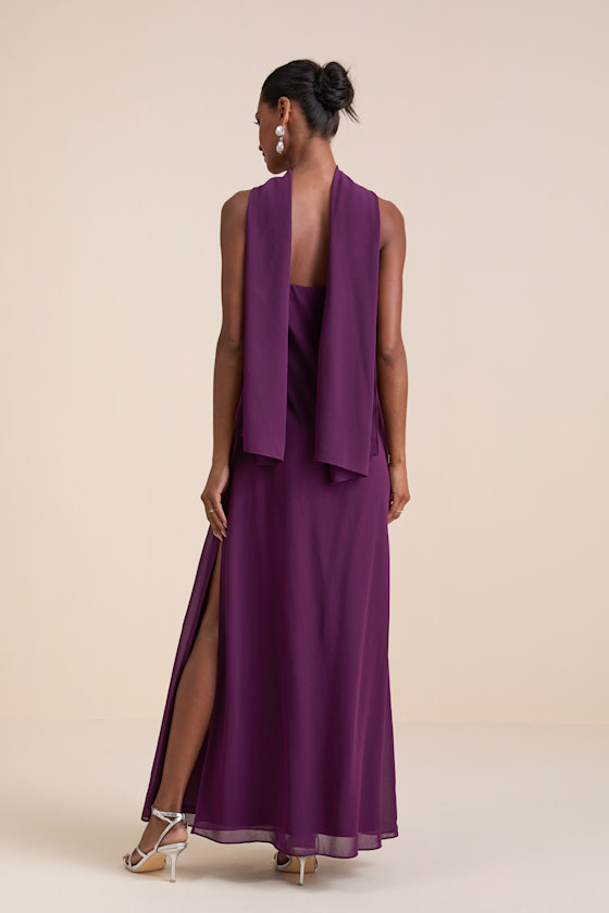 Rawya Plum Purple Strapless Maxi Dress and Scarf Set - thumbnail 3