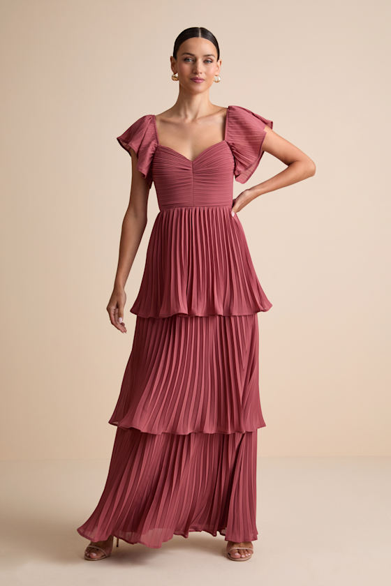 Rusty Rose Maxi Dress - Pleated Dress - Flutter Sleeve Maxi Dress