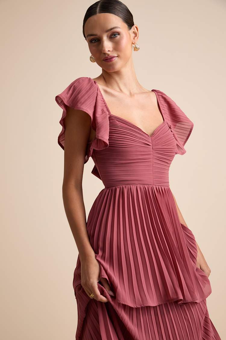 Notorious Charm Rusty Rose Pleated Flutter Sleeve Maxi Dress
