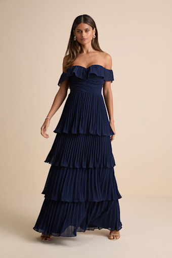 Always Remarkable Navy Pleated Off-the-Shoulder Maxi Dress 1