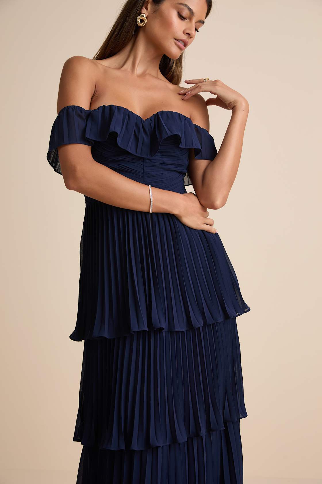Always Remarkable Navy Pleated Off-the-Shoulder Maxi Dress