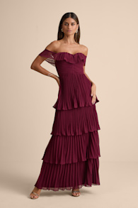 Always Remarkable Burgundy Pleated Off-the-Shoulder Maxi Dress 1