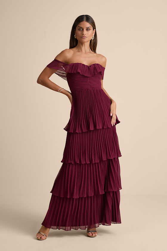 Always Remarkable Burgundy Pleated Off-the-Shoulder Maxi Dress 1