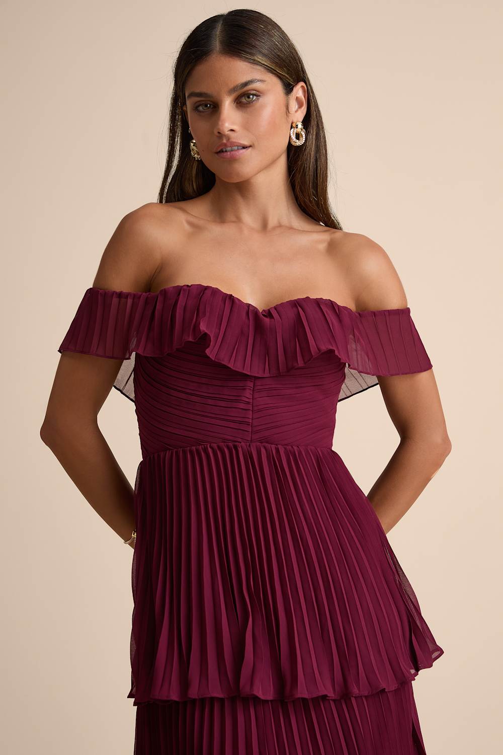 Always Remarkable Burgundy Pleated Off-the-Shoulder Maxi Dress