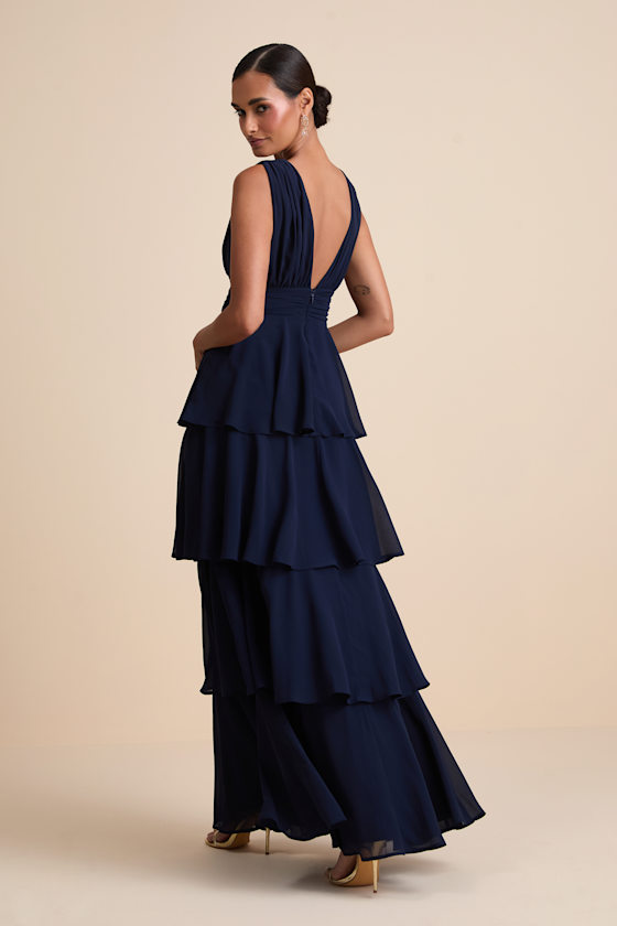 Navy Blue Dress - Tiered Maxi Dress - V-Neck Maxi Dress - Image 3