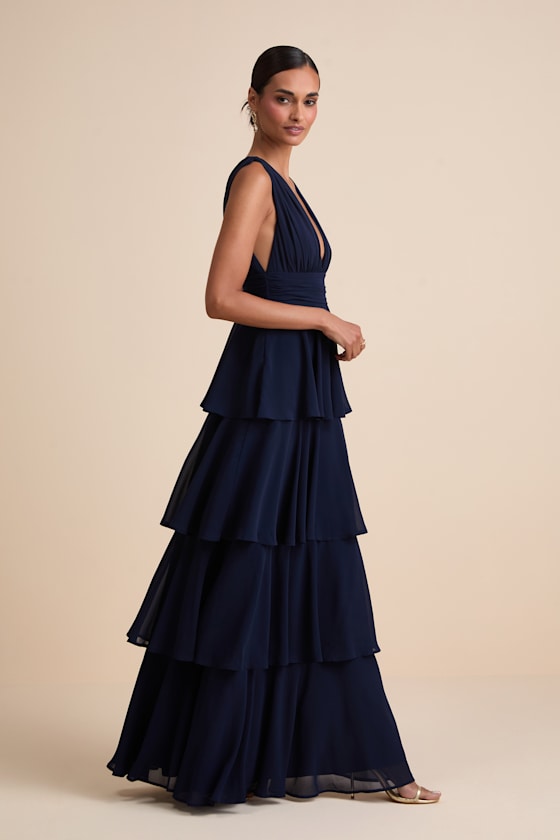 Navy Blue Dress - Tiered Maxi Dress - V-Neck Maxi Dress - Image 4