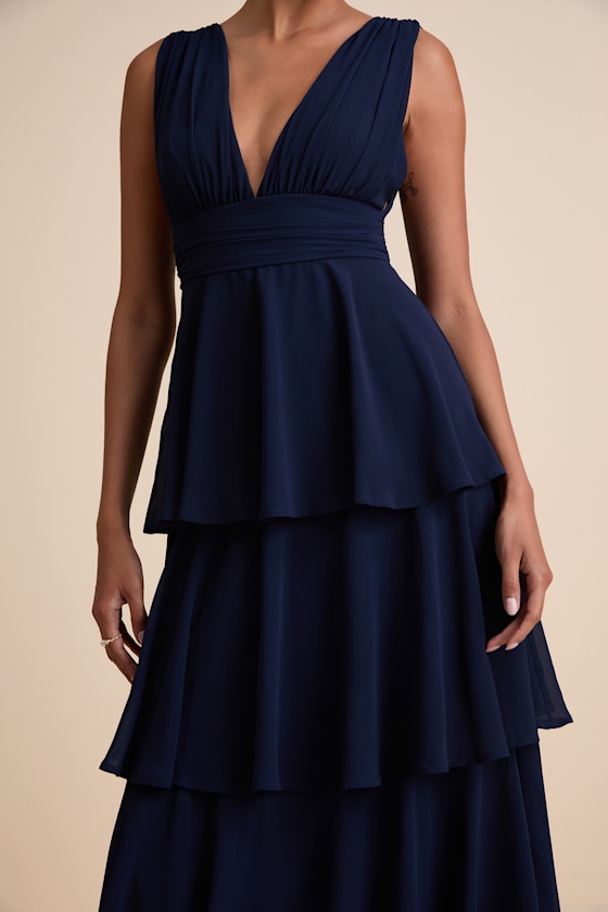 Navy Blue Dress - Tiered Maxi Dress - V-Neck Maxi Dress - Image 5