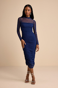 Impressive Flirt Navy Mesh Ruched Mock Neck Midi Dress 2