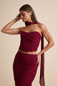 Elvena Wine Red Mesh Ruched Strapless Two-Piece Maxi Dress 1