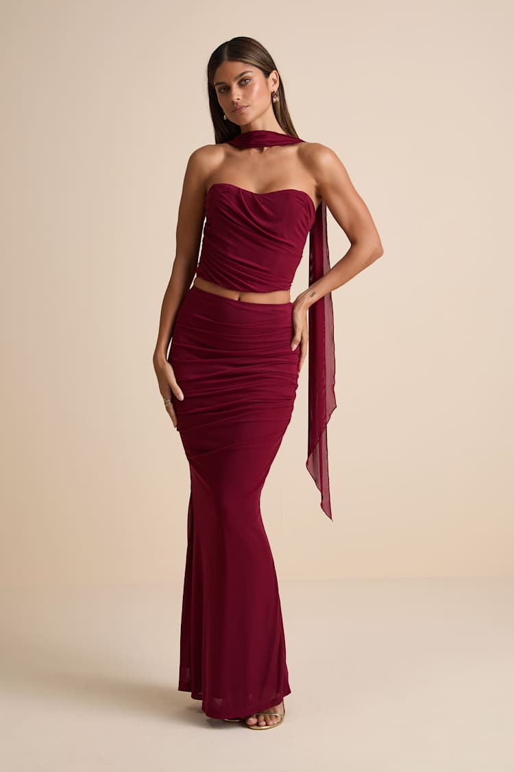Elvena Wine Red Mesh Ruched Strapless Two-Piece Maxi Dress