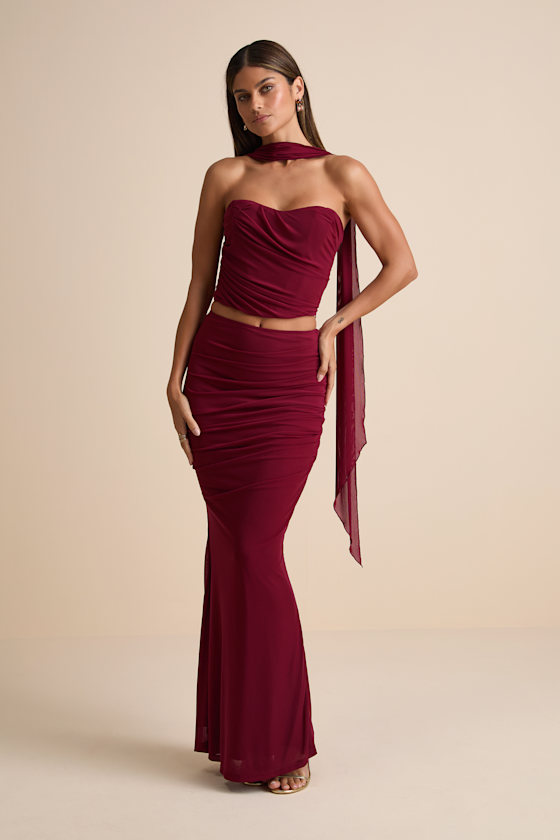 Elvena Wine Red Mesh Ruched Strapless Two-Piece Maxi Dress 2