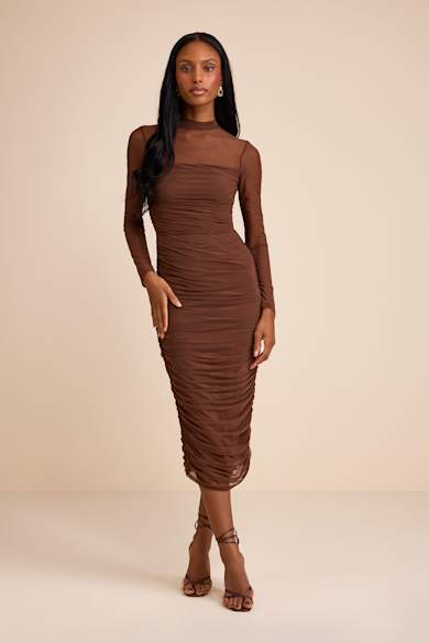 chinese dress ladies Women's Style Essence Long Sleeve Midi Dress in Brown main image 1