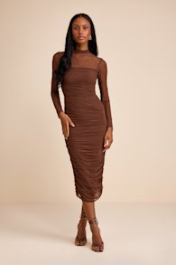 Impressive Flirt Brown Mesh Ruched Mock Neck Midi Dress 2