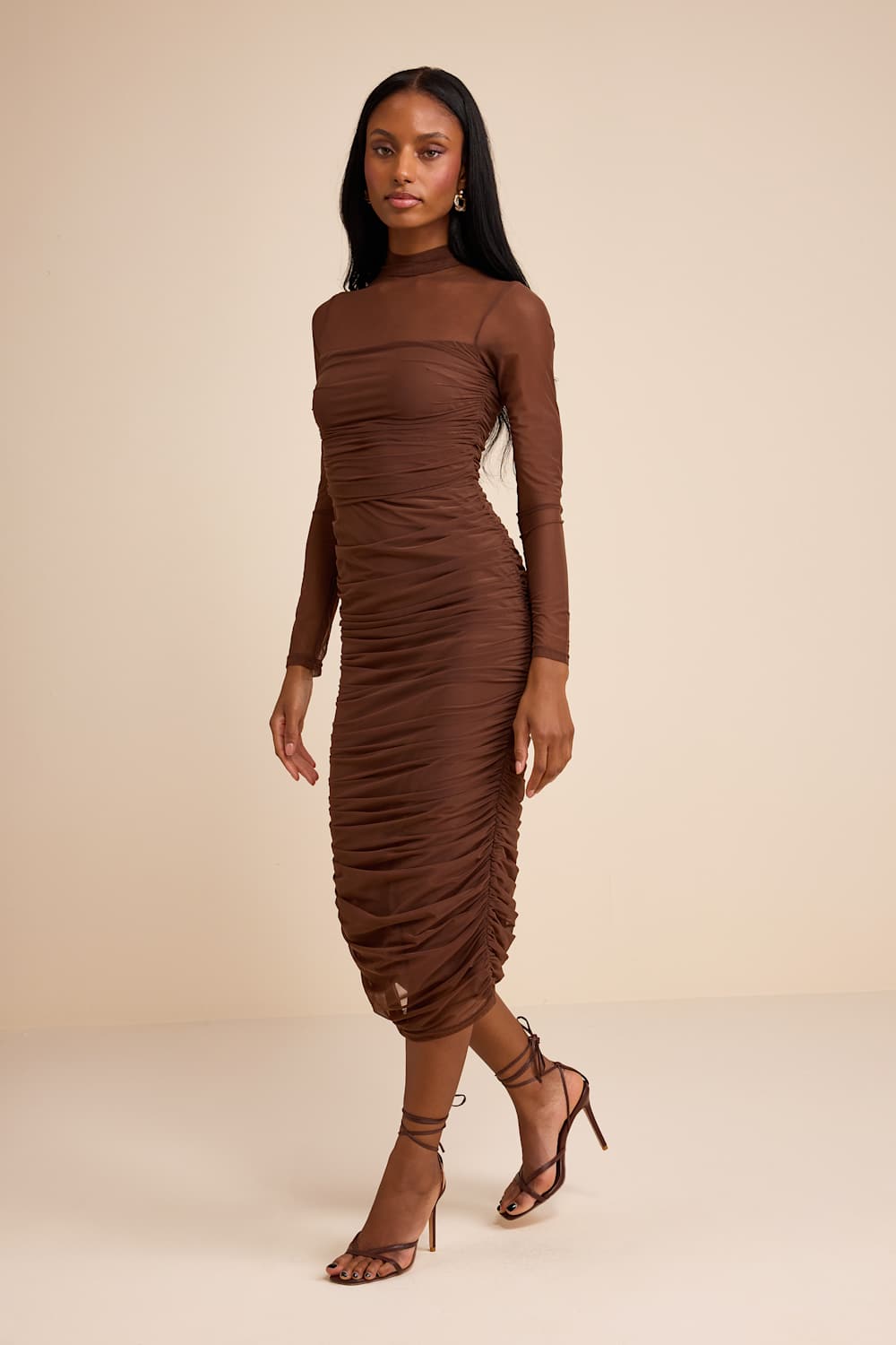Impressive Flirt Brown Mesh Ruched Mock Neck Midi Dress