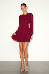 Garden Bliss Wine Red Long Sleeve Cutout Mini Dress 4