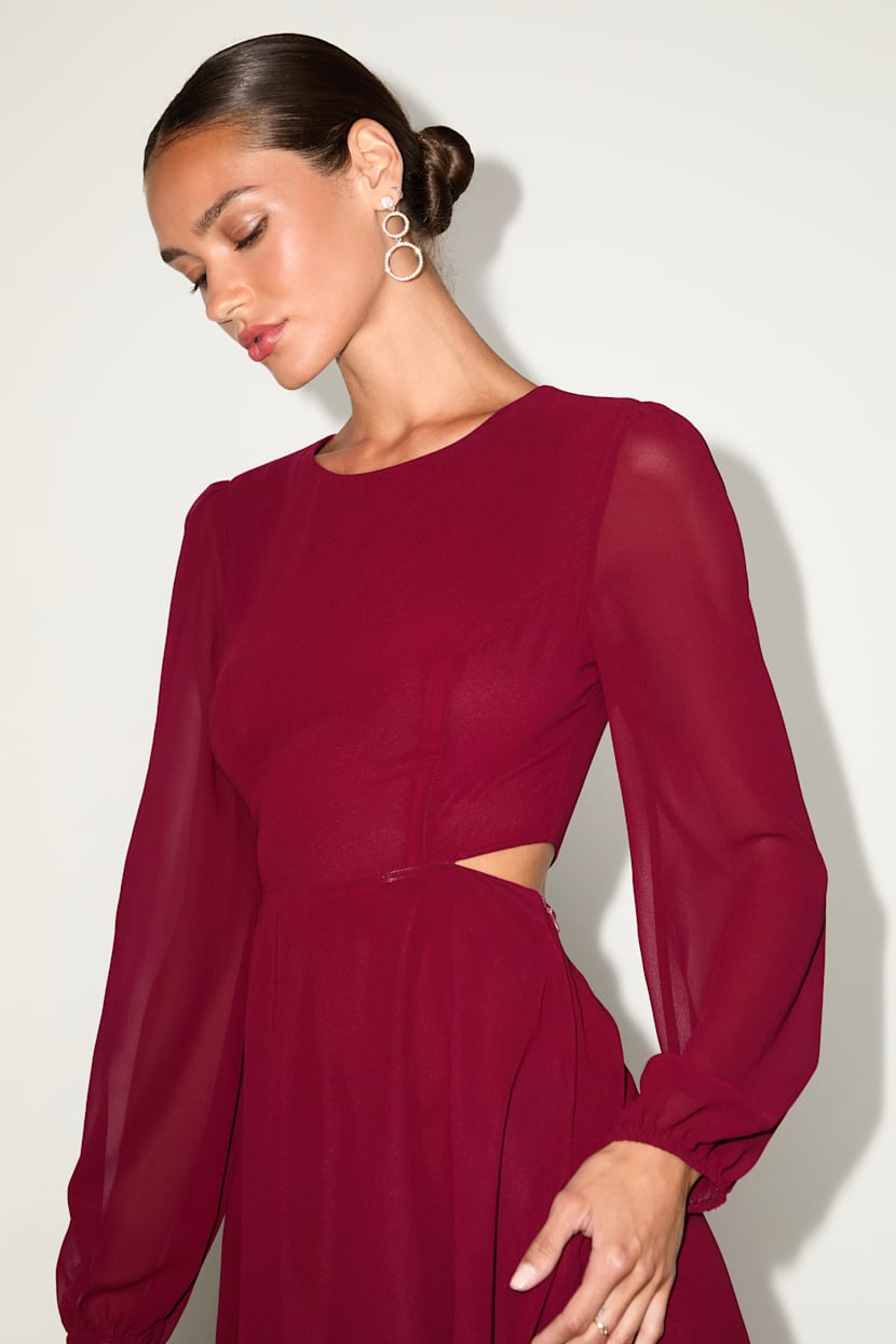 Lulus | Wine Red Long Sleeve Cutout Mini Dress | Womens | Medium (Available in XXL, XL) | 100% Polyester Lulus | Wine Red Long Sleeve Cutout Mini Dress | Womens | Medium (Available in XXL, XL) | 100% Polyester