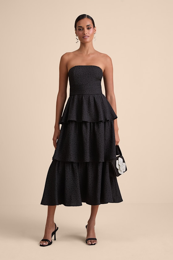Black Tiered Dress - Floral Jacquard Dress - Strapless Midi Dress