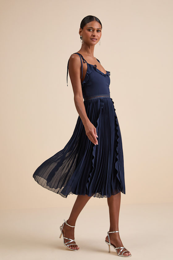 Never a Dull Moment Navy Tie-Strap Pleated Midi Dress 1