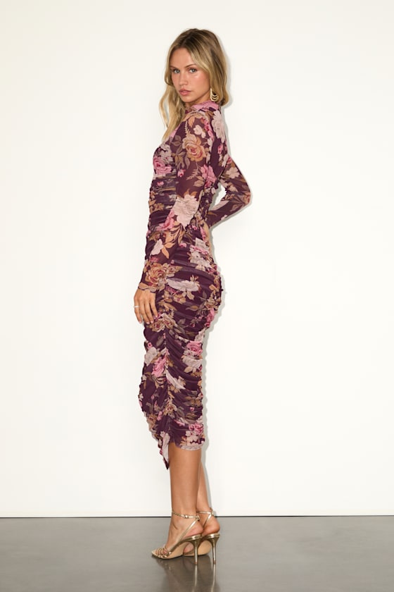 Impressive Flirt Plum Floral Mesh Ruched Mock Neck Midi Dress - thumbnail 4
