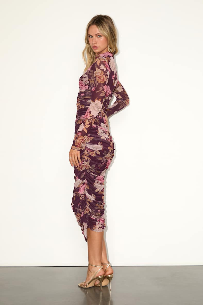 Impressive Flirt Plum Floral Mesh Ruched Mock Neck Midi Dress