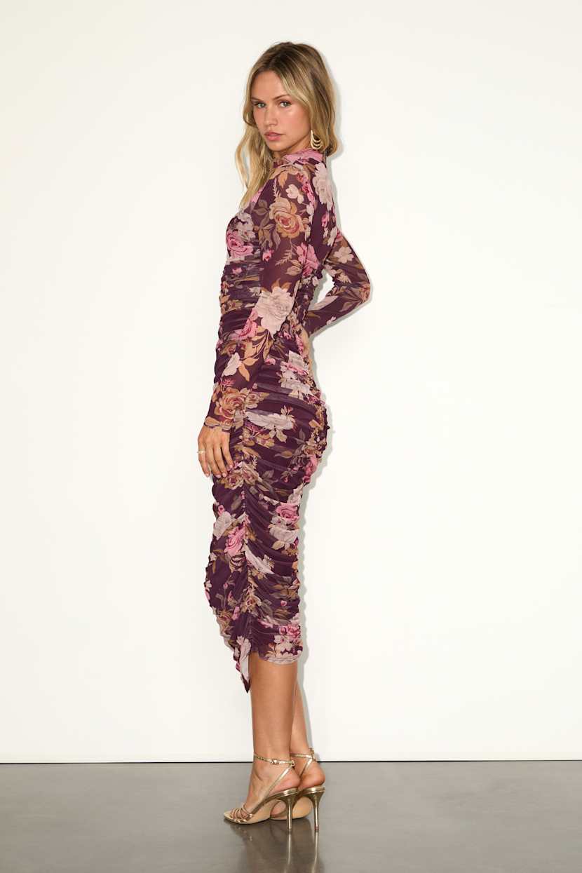 Impressive Flirt Plum Floral Mesh Ruched Mock Neck Midi Dress