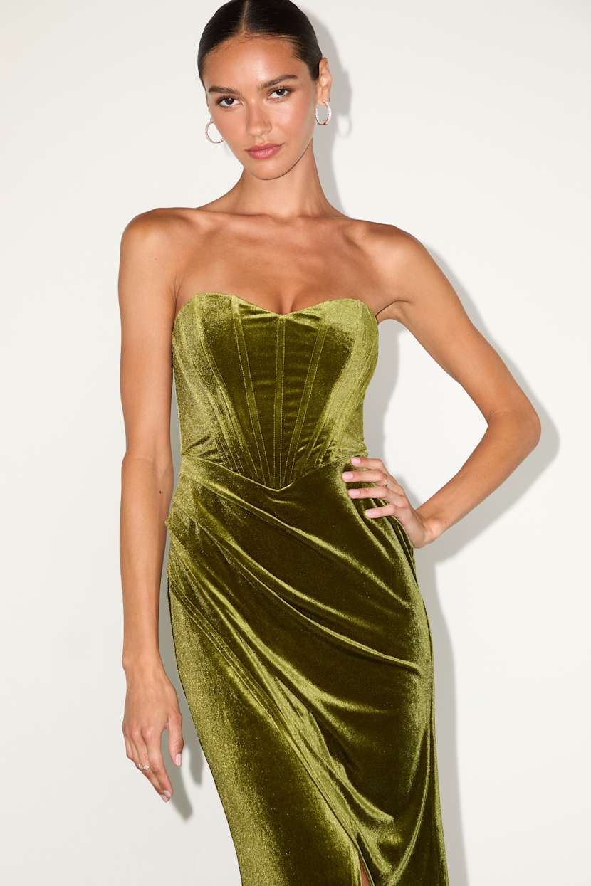 Lulus | Olive Green Velvet Bustier Midi Dress | Womens | XX-SMALL (Available in XXL, S, M, L, Xl) | 100% Polyester
