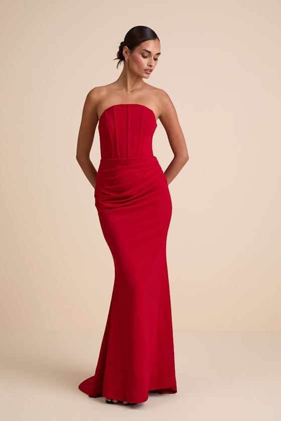 Image of Laney Red Strapless Corset Maxi Dress