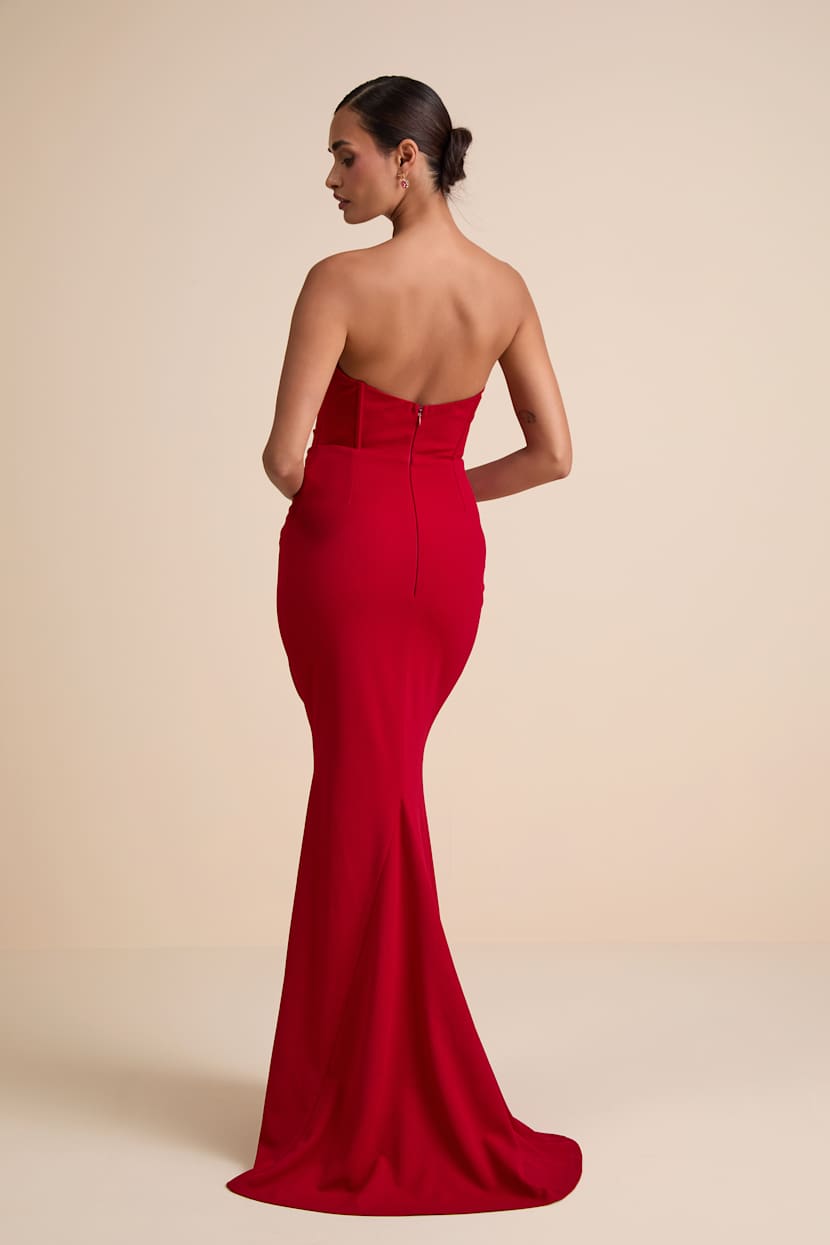 Lulus | Red Strapless Corset Maxi Dress | Womens | X-Small (Available in XXS) | 100% Polyester
