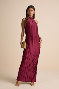 Gwenny Burgundy Satin Plisse Maxi Dress 1