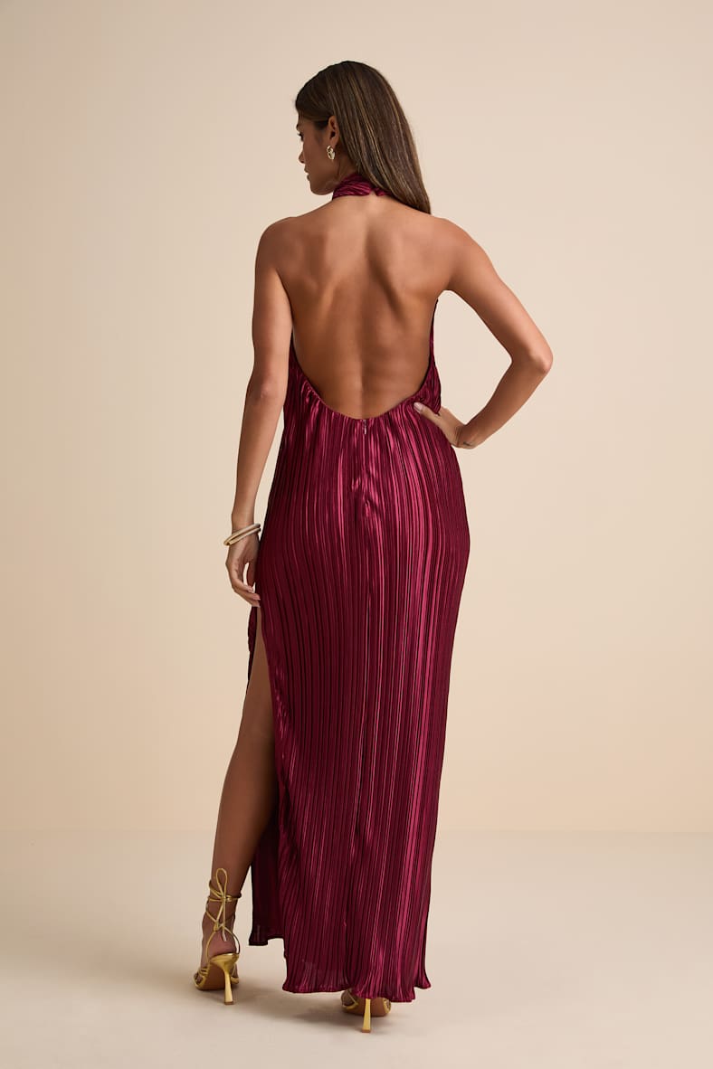 Gwenny Burgundy Satin Plisse Maxi Dress
