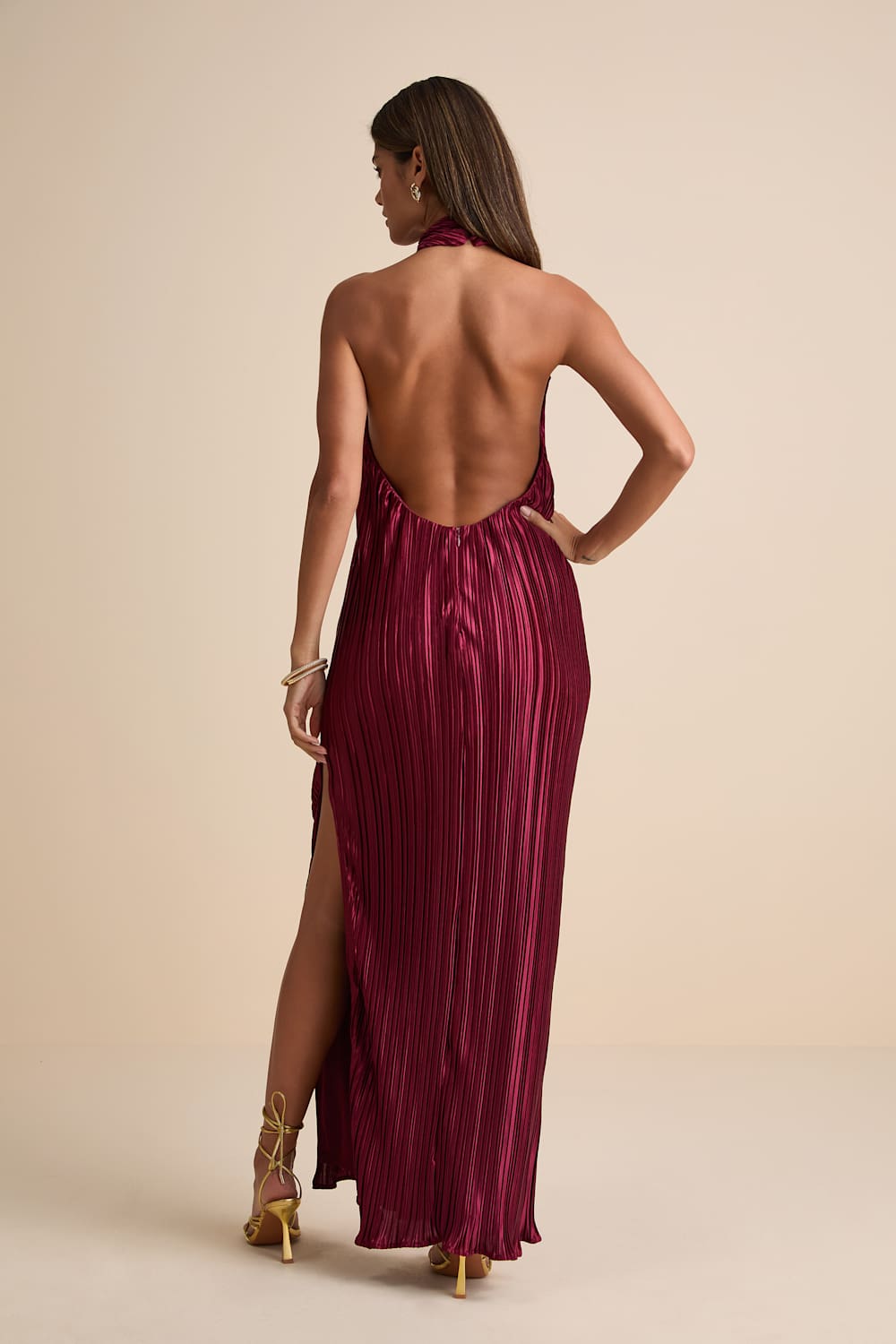 Gwenny Burgundy Satin Plisse Maxi Dress