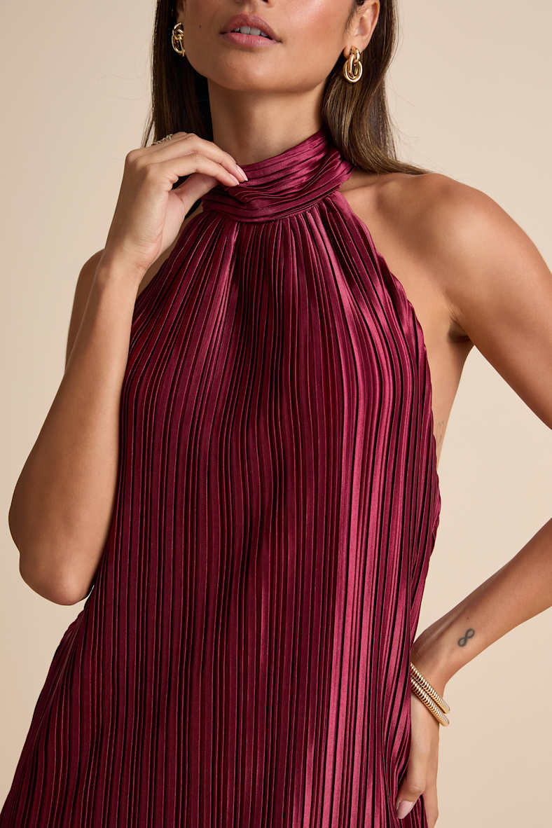 Gwenny Burgundy Satin Plisse Maxi Dress