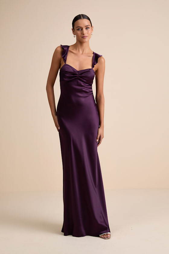 Exuberant Luxury Plum Purple Satin Ruffled Lace-Up Maxi Dress