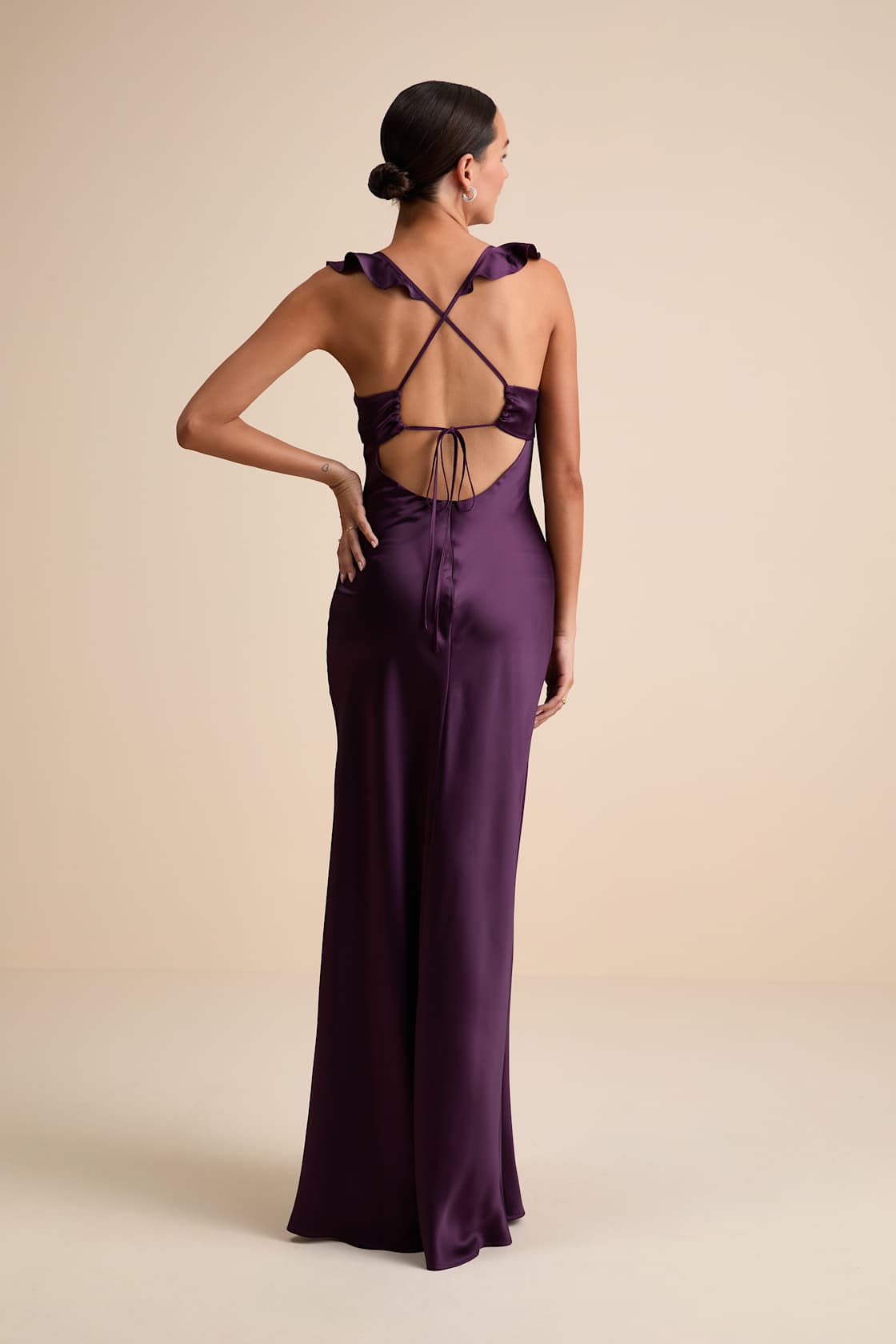 Exuberant Luxury Plum Purple Satin Ruffled Lace-Up Maxi Dress