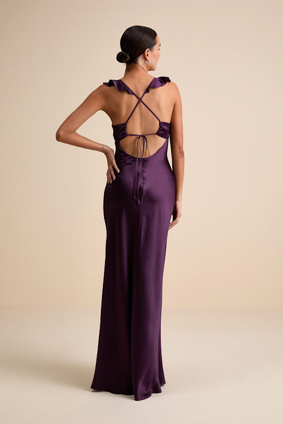 Exuberant Luxury Plum Purple Satin Ruffled Lace-Up Maxi Dress
