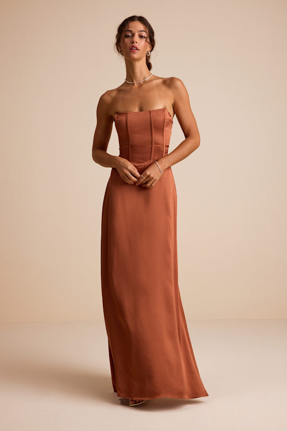 Extraordinary Presence Rust Brown Satin Strapless Maxi Dress 1