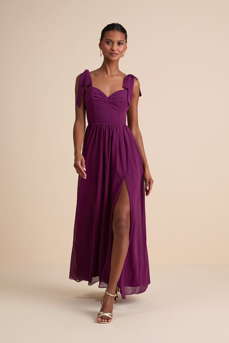 Plum Chiffon Dress - Ruched Maxi Dress - Tie-Strap Maxi Dress - Lulus
