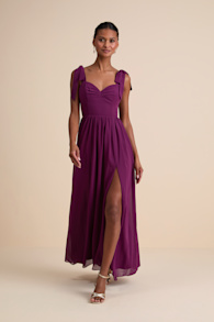 Radiant Charisma Plum Chiffon Ruched Tie-Strap Maxi Dress 1